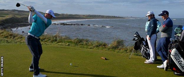 Grant Forrest plays a drive on the 16th at Kingsbarns as he prepares for the Alfred Dunhill Links Championship
