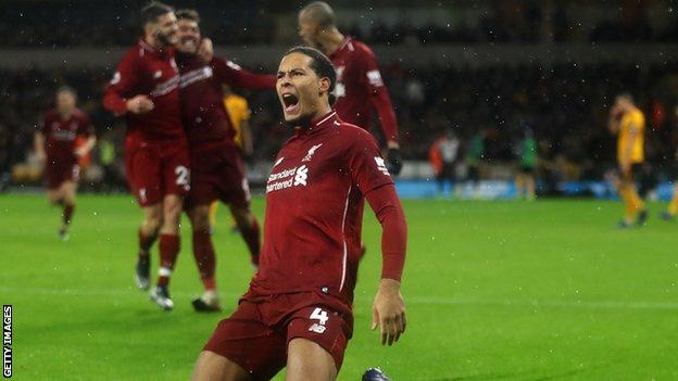 Liverpool's Virgil Van Dijk celebrates his goal against Wolves