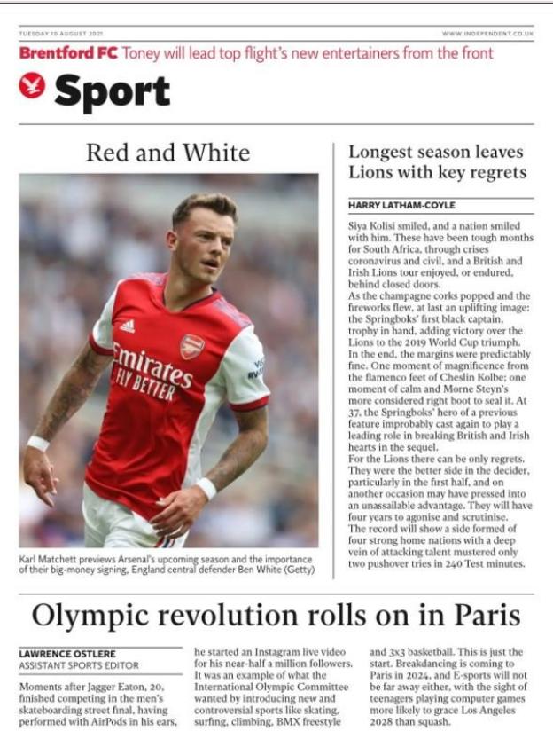 Tuesday's Independent back page with the headline 'Red and White'
