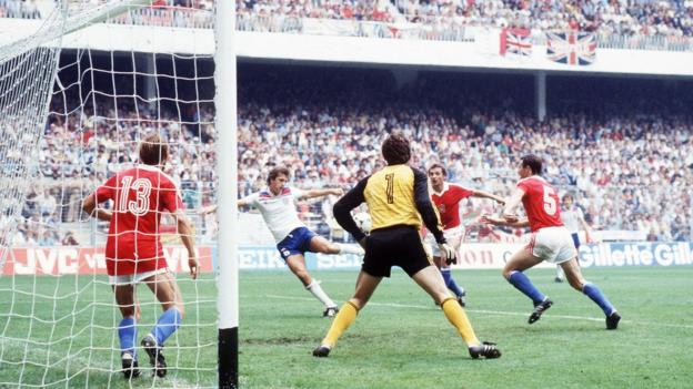 Trevor Francis scores for England during the 1982 World Cup