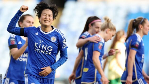 Saori Takarada of Leicester City Women celebrates her goal against Bristol