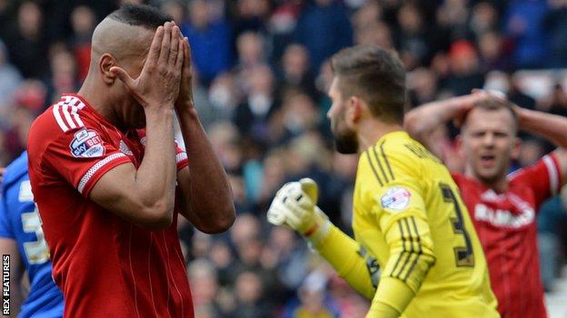 Middlesbrough's Emilio Nsue shows his disappointment after missing a chance against Ipswich