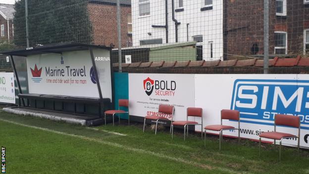 The away dugout at the Marine Travel Arena, home to non-league Marine FC who entertain Tottenham Hotspur in the FA Cup third round