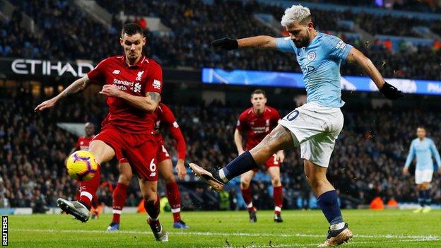 Sergio Aguero scores Manchester City's opening goal against Liverpool