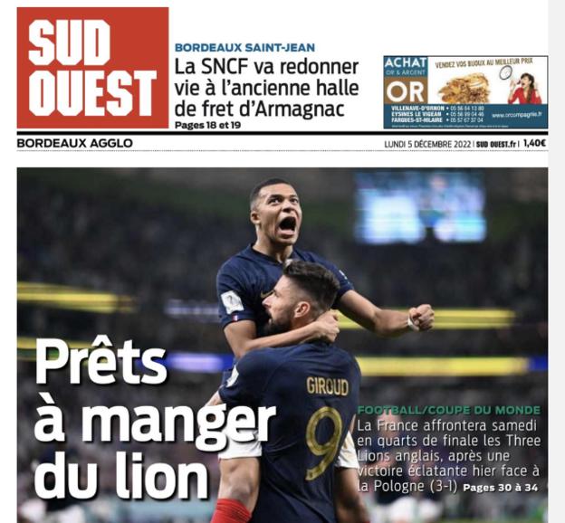 The Sud Ouest front page with a picture of Kylian Mbappe and the words 