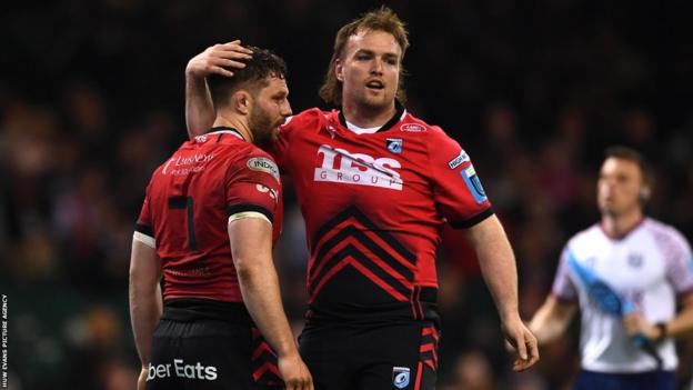 Kristian Dacey (right) with Thomas Young during the hooker's 202nd and final appearance for Cardiff against Ospreys in April 2023