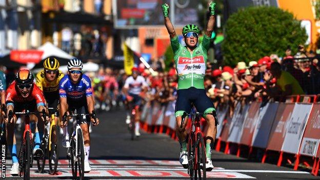 Mads Pedersen beats Fred Wright in a sprint to win stage 19 of the Vuelta a Espana