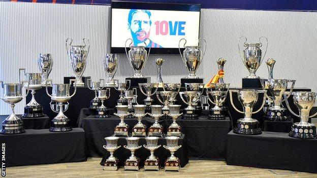 Replicas of the 35 trophies Lionel Messi has won with Barcelona