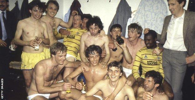 Chelsea player celebrate their 1984 Division Two title