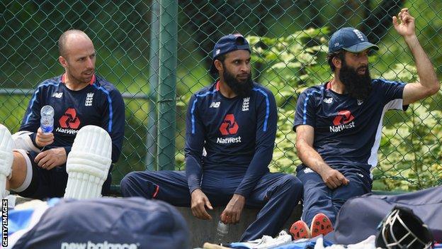 England spinners Jack Leach (left), Adil Rashid (centre) and Moeen Ali (right) look on during a break in training before the second Test against Sri Lanka