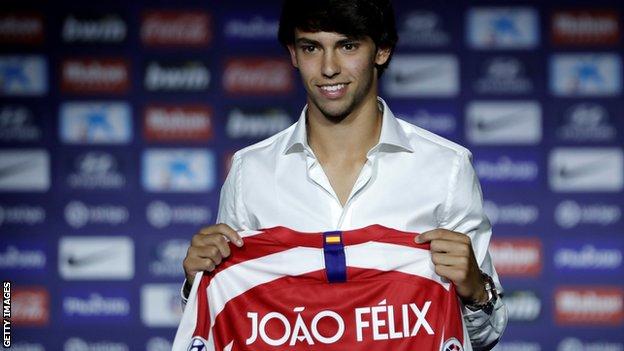 Atletico Madrid signed Portugal forward Joao Felix for 126m euros (£113m) from Benfica in July 2019