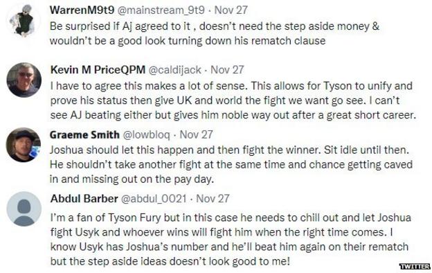 Fans on Twitter discuss whether Anthony Joshua should step aside. One fan says Joshua "doesn't need the step aside money" while another says it "makes a lot of sense"