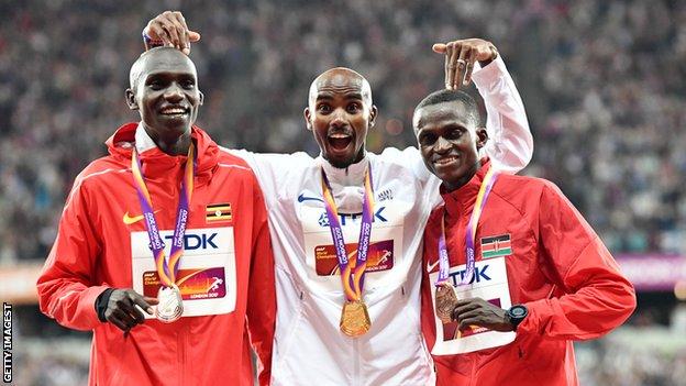Mo Farah with Paul Tanui and Joshua Cheptegei