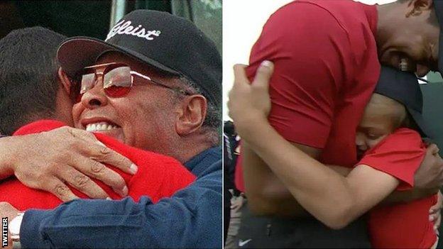 Tiger Woods hugs his father in 1997 and hugs his own son in 2019