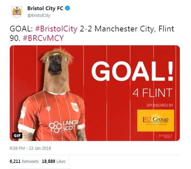 A gif of Flint wearing a horse's head mask after his last minute equaliser against Manchester City