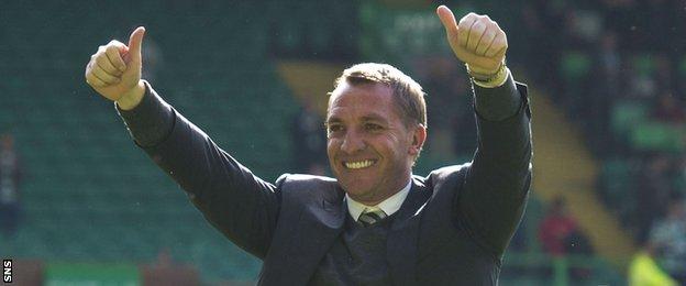 Celtic manager Brendan Rodgers celebrates his side's title triumph