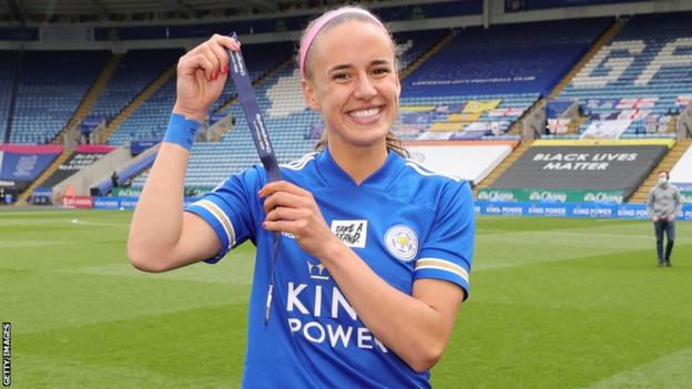 Leicester Women's Ashleigh Plumptre with her medal for winning the English FA Women's Championship