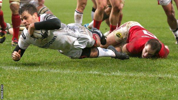 Louis Ludik breaks through Tomas O'Leary's tackle to score Ulster's first-half try