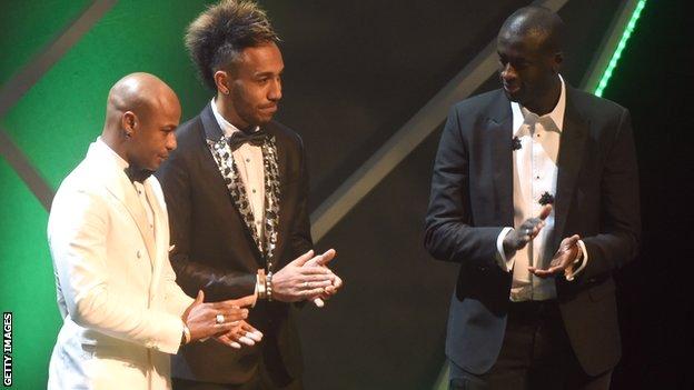 Yaya Toure (right) was beaten to the CAF player of the year award by Pierre-Emerick Aubameyang (centre)