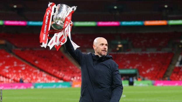 Manchester United boss Erik ten Hag celebrates winning the Carabao Cup