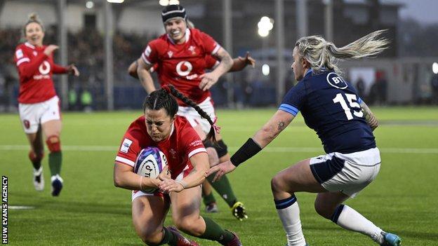 Wales scrum-half Ffion Lewis goes over to seal victory over Scotland in the previous Six Nations round