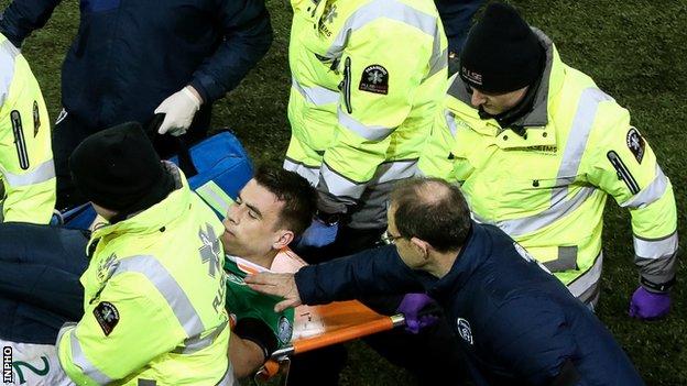 Martin O'Neill consoles Seamus Coleman as he is stretchered off the field in Friday's game
