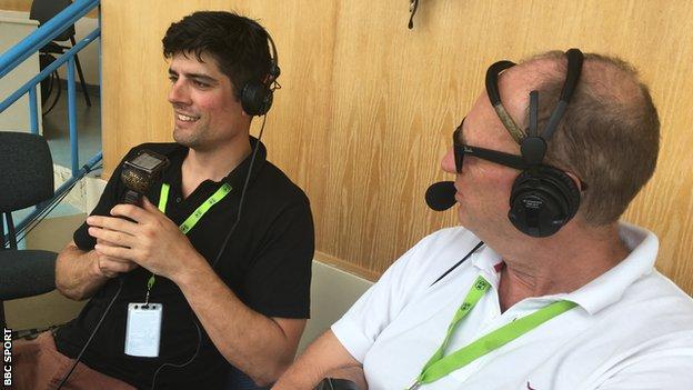 Former England captain Alastair Cook (left) speaks on air with BBC cricket correspondent Jonathan Agnew (right)