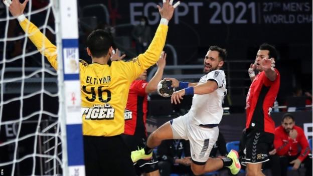 Action from the opening match at the 2021 Men's World Handball Championships