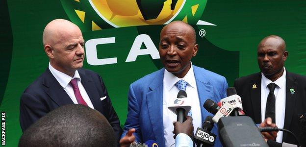 Fifa president Gianni Infantino and Caf president Patrice Motsepe at the launch of the Africa Super League