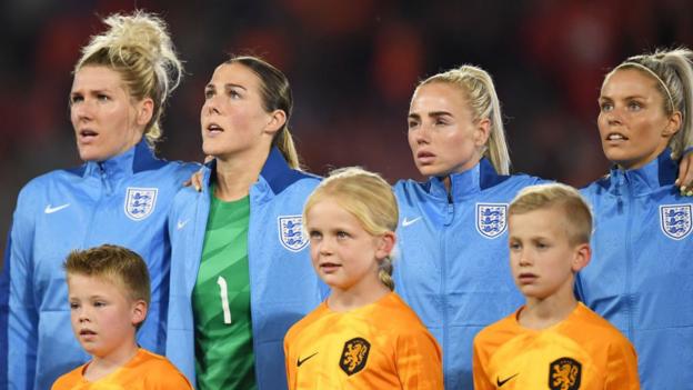 The Lionesses singing the national anthem standing behind mascots