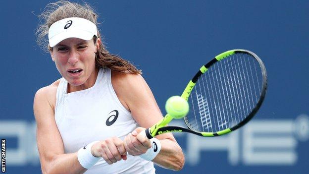 Johanna Konta plays a shot in round one at the Connecticut Open
