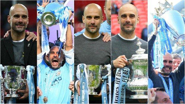 Pep Guardiola with his English trophy haul - Carabao Cup in 2018, Premier League in 2018, Carabao Cup in 2019, FA Cup in 2019 and Premier League in 2019