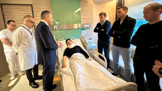 Turkey's Interior Minister Ali Yerlikaya visits referee Halil Umut Meler