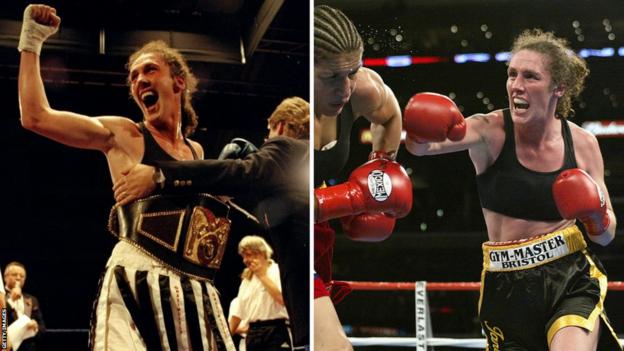 Split image of Jane Couch with a world title and fighting in the ring