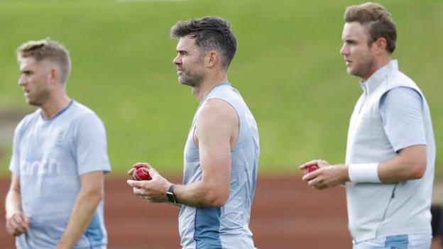 Olly Stone, James Anderson and Stuart Broad