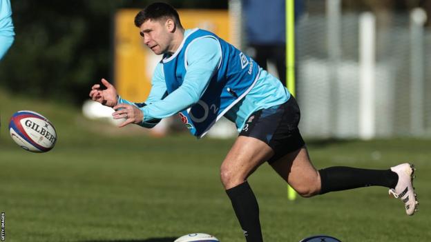 Scrum-half Ben Youngs throws a walk  successful  England training