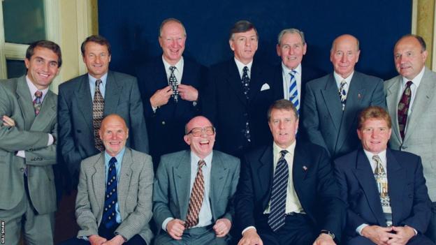 Garry Richardson with members of England's 1966 World Cup-winning squad including Sir Geoff Hurst and Sir Bobby Charlton