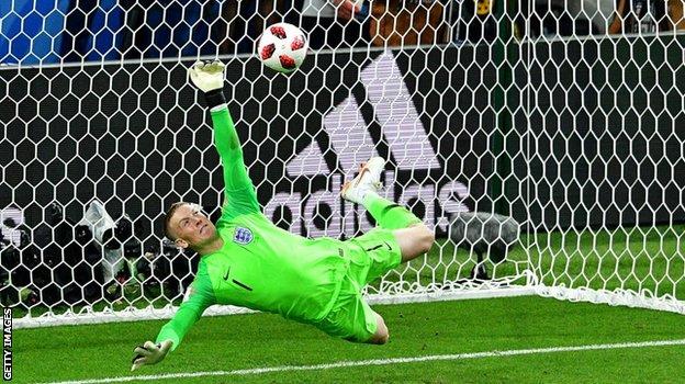 Pickford saves a penalty in England's shootout win over Colombia at the 2018 World Cup