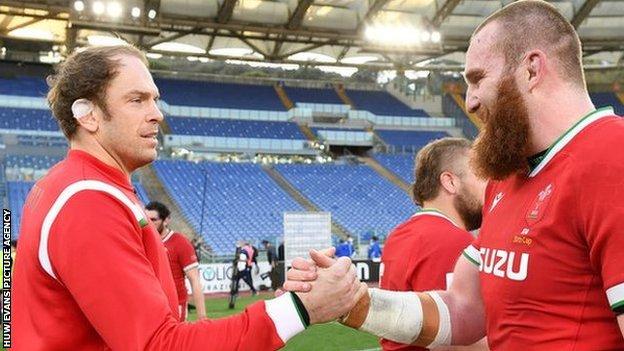 Alun Wyn Jones and his second half replacement Jake Ball, who won his 50th cap, celebrate after the final whistle