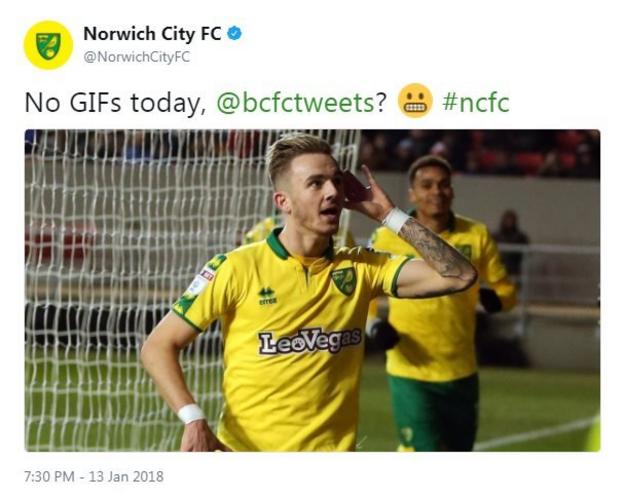 Norwich score against Bristol City and their twitter account trolls Bristol's over it's lack of gifs