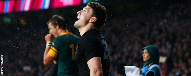 New Zealand's Beauden Barrett celebrates against South Africa in the World Cup semi-final