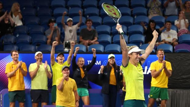 Storm Sanders and the Australian team celebrate their win over the United States at the United Cup