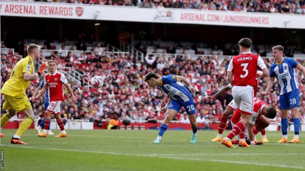 Julio Enciso heads Brighton into the lead at Arsenal in the Premier League