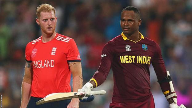 Ben Stokes watches West Indian batter Marlon Samuels during the 2016 T20 World Cup final