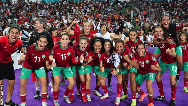Morocco celebrate after beating Botswana at the Women's Africa Cup of Nations
