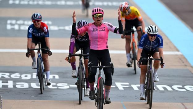 Alison Jackson celebrates winning the Paris-Roubaix