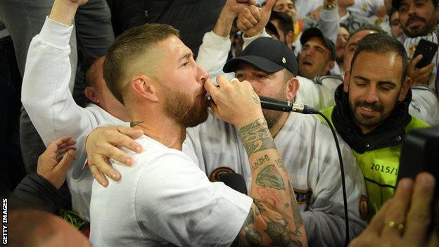 Ramos celebrates with fans after win in 2018 Champions League semi-final against Bayern Munich