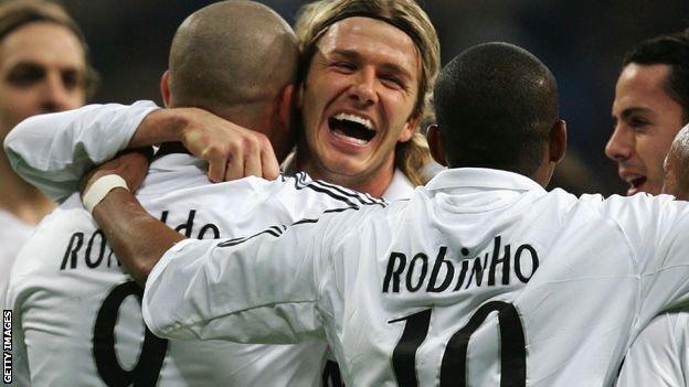 David Beckham celebrates with his Real Madrid team-mates
