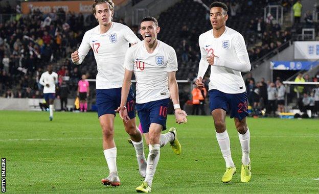 Phil Foden celebrates after scoring his second goal of the game as England Under-21s beat Kosovo 2-0 on 9 September