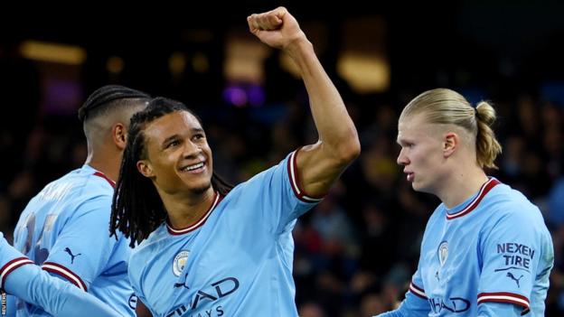 Nathan Ake celebrates after scoring for Manchester City against Arsenal in the FA Cup